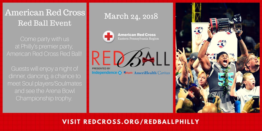 Come party with us at Philly’s premier party, @RedCross_EastPA Red Ball on March 24th at <a href="/LFFStadium/">Lincoln Financial Field</a>. Guests will enjoy a night of dinner, dancing, a chance to meet Soul players, Soulmates, and see the ArenaBowl Championship trophy. Visit redcross.org/redballphilly #RedBallPhilly
