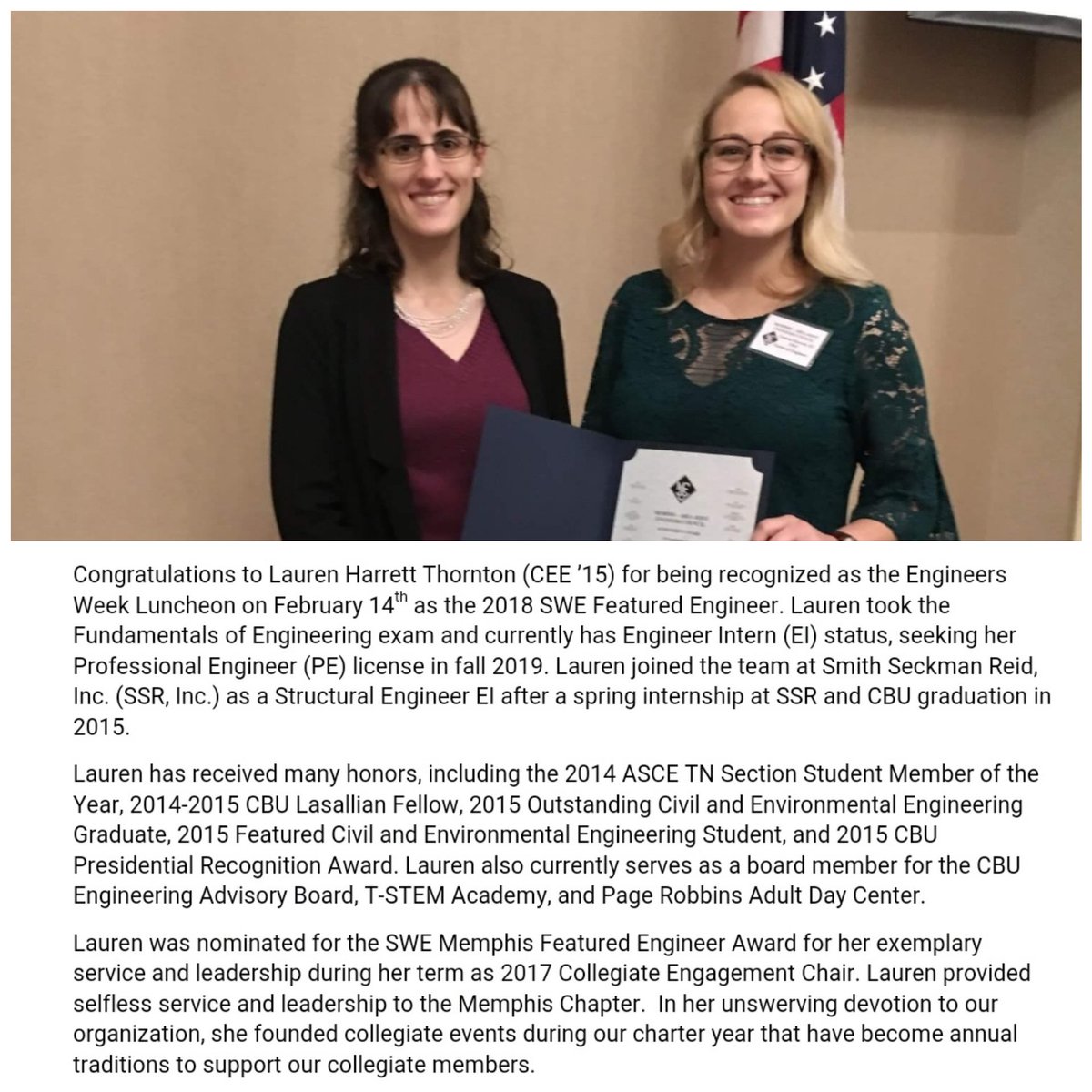 Pong_CBU's tweet photo. Congratulations to Lauren Harrett Thornton (CEE'15)!  Right in the picture with Julia Alspaugh (SWE Memphis President) https://t.co/c7e7LPkA9Y