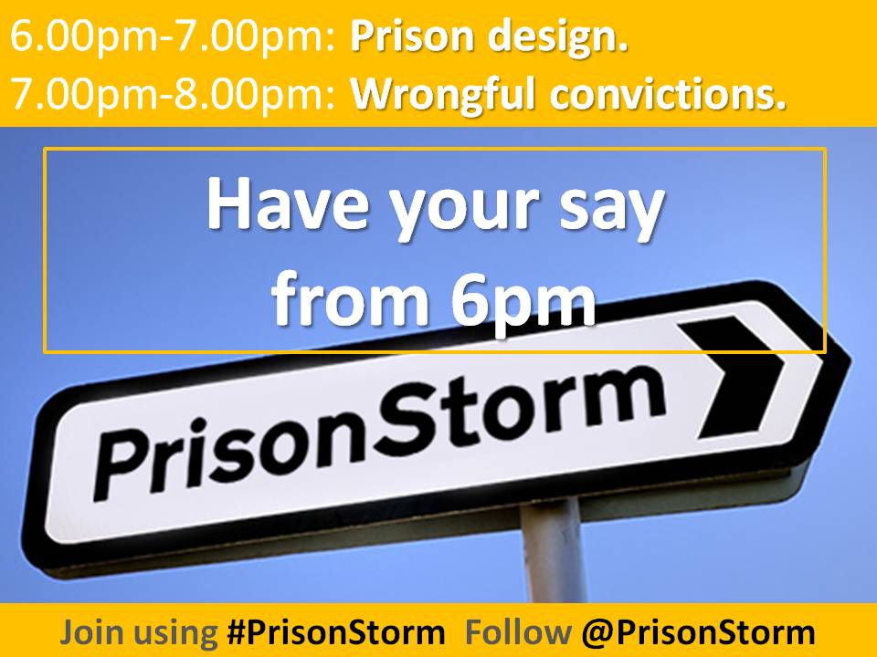 PrisonStorm's tweet image. Have your say from 6pm today. Join us for February&apos;s #PrisonStorm open debate. We&apos;ll welcome contributions on 2 topics this evening:  #Prisondesign and #Wrongfulconvictions