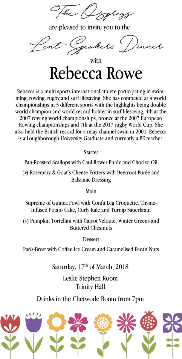 We are delighted to announce that our termly speaker's dinner is to be held in Trinity Hall on Saturday the 17th of March. Check your email for details on how to sign up!🥂