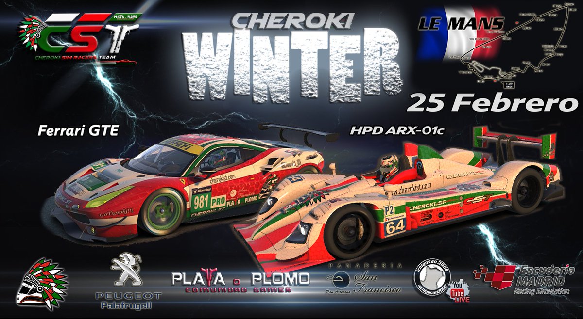 Cheroki_PS's tweet photo. Última carrera de la #Cherokiwinter en Lemans.Veremos si la puntuación doble hace que haya sorpresas en la clasificación final. @Champs_iRacing parte con mucha ventaja pero el resto está muy apretado. Veremos quienes acaban en el TOP 8. Suerte a todos y a disfrutar! #Simracing https://t.co/dCHPcNb2Hk