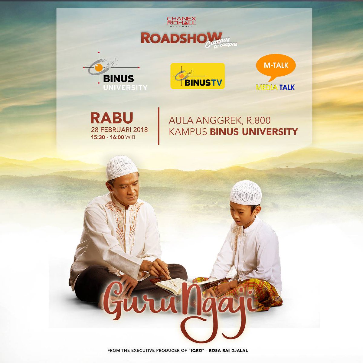 BinusTV's tweet photo. #MTalkBTV #GuruNgaji @gurungajimovie on Wednesday,February 28th 2018, 3:30 - 4 pm at 8th floor of Anggrek Campus,@BINUS_UNIV.
@DonDamara @andsur @encebagus will share their filmmaking experiences!
#movie #film #movies #films #talkshow
#FforFearlessFebruary https://t.co/582gm3kBfb https://t.co/EB8JyYv8LI