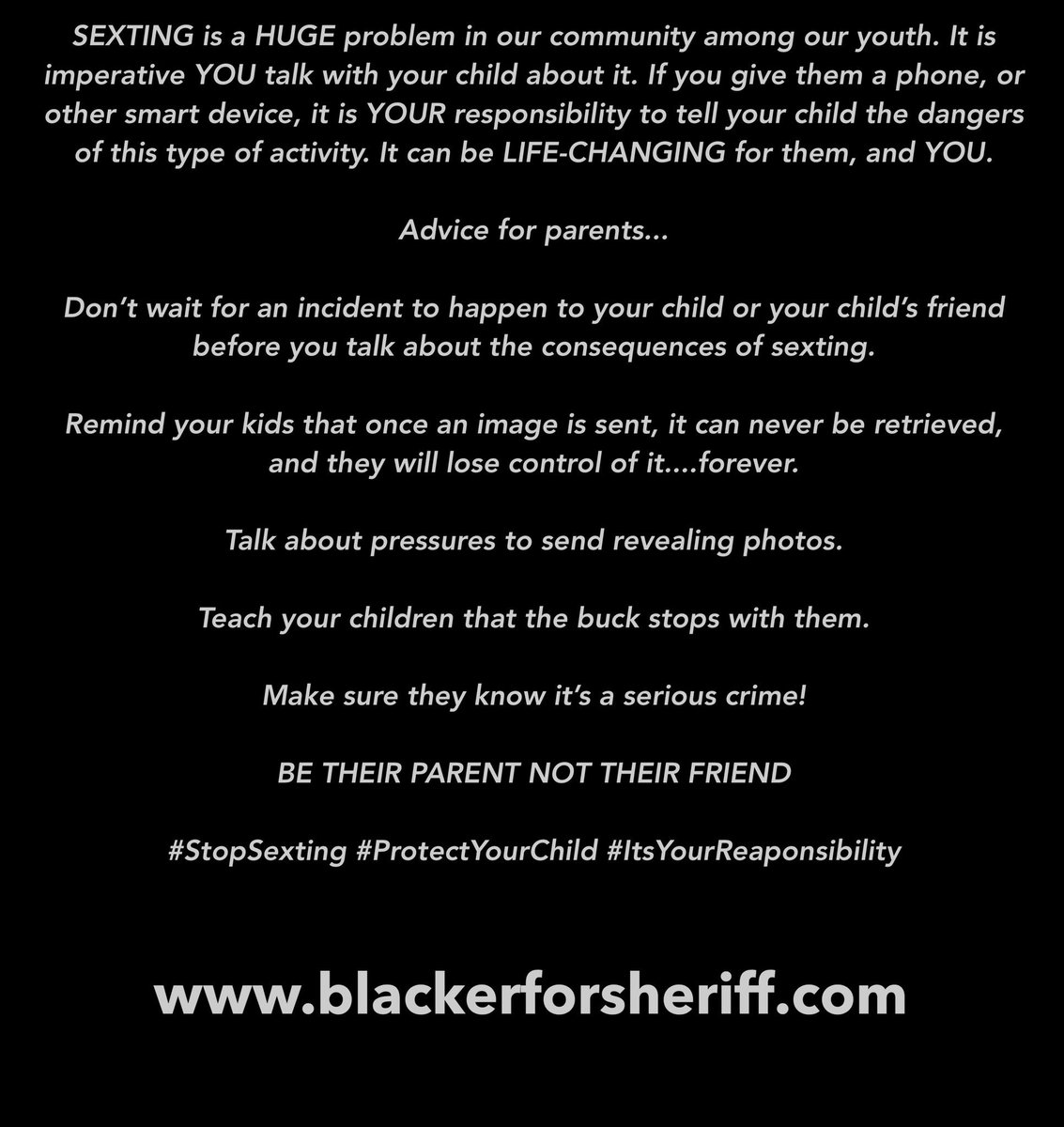 jbforsheriff's tweet photo. Sexting, it’s time you talk to your child about it today. 
#StopSexting #ProtectYourChild 
#ItsYourReaponsibility 

https://t.co/5airAbhDw8 https://t.co/q2bordDu6k