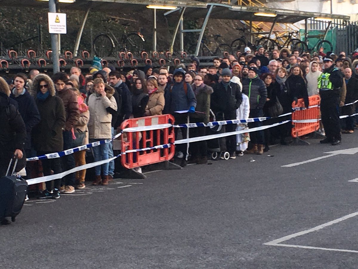 CrispinBlunt's tweet photo. Dangerous shambles on stairs in @redhillstation behind barriers before people get to join this shocking queue of people trying to get to @Gatwick_Airport. Final insult is full Gatwick Express prices being charged by @SouthernRailUK. Tks to all Redhill people helping with lifts. https://t.co/6dgOIkVapN