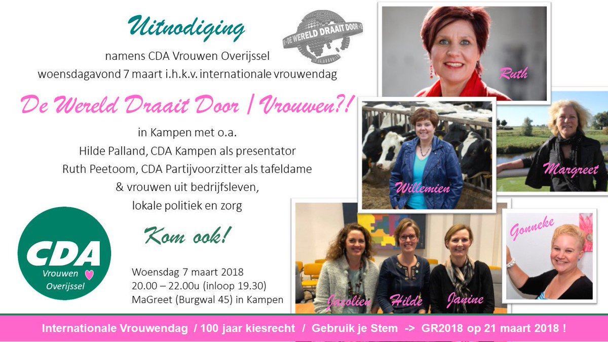 CDAvrouwen's tweet photo. De wereld draait door. Toch vrouwen? Op 7 maart vanaf 20 uur gaan dames uit politiek, zorg en bedrijfsleven met elkaar in gesprek in Kampen. Met oa @ruthpeetoom https://t.co/5CCP0YGCjB