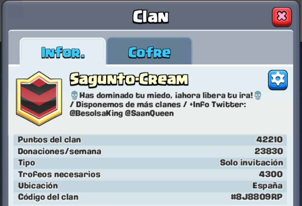 Buscamos jugadores para el clan de Royale Sagunto Cream. Mínimo 4300 trofeos. Interesados poneros en contacto conmigo o con @_PikaDani4Ever por MD