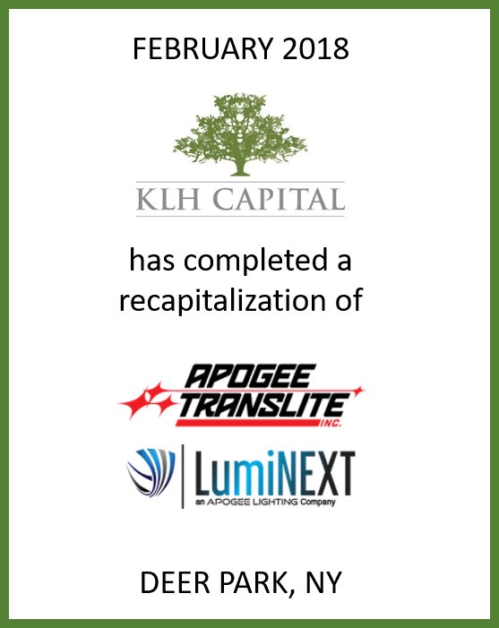 KLH Capital is pleased to announce it has completed a recapitalization of Apogee Translite and LumiNEXT, manufacturers of specialty transit, industrial, and architectural LED lighting fixtures:  goo.gl/m1WLGJ
