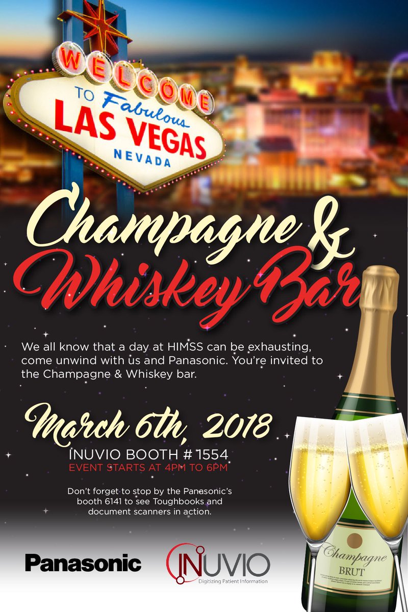FlaChels's tweet photo. Will you be in #LasVegas for #HIMSS18? Make sure to stop by the @Inuvio booth 1554 and #Panasonic 6141 for a glass of #champagne and your Vegas recovery kit.  #HIMSShappyHour #vino https://t.co/BAimuZasiT