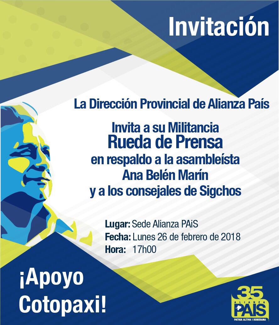 cotopaxi_AP35's tweet photo. [Comunicado] Invitamos a los militantes de @35PAIS Cotopaxi a participar de la rueda de prensa este lunes, 26 de febrero, en respaldo a nuestra Asambleísta @anitabelenmarin.
#TodosSomosCotopaxi https://t.co/hV0Vdmtjcq