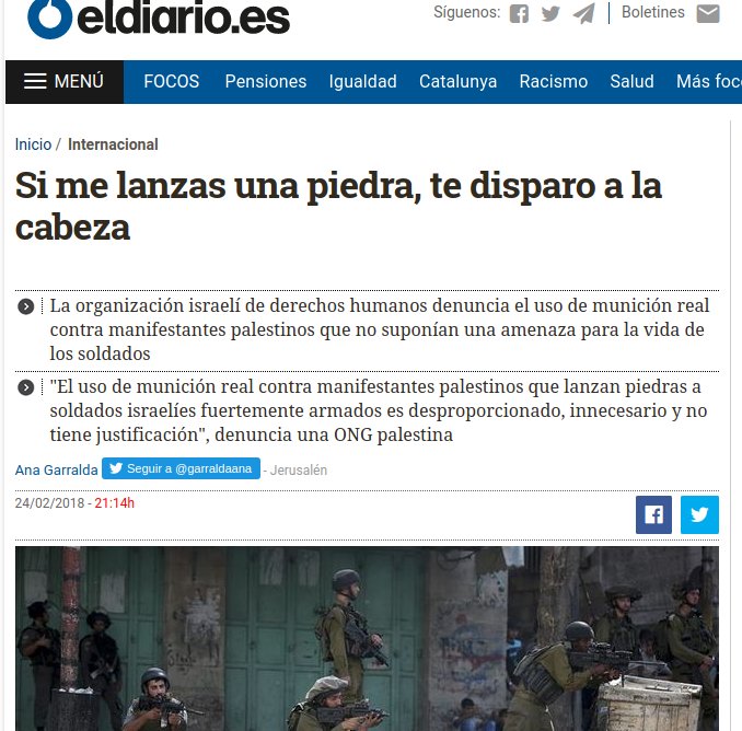 Si em llances una pedra, et dispare al cap. 
#Israel, l'exèrcit d'#ocupació "més moral del món".
Article d'<a href="/garraldaana/">Ana Garralda ✍️ 🎥</a> a <a href="/eldiarioes/">elDiario.es</a>:
eldiario.es/internacional/…