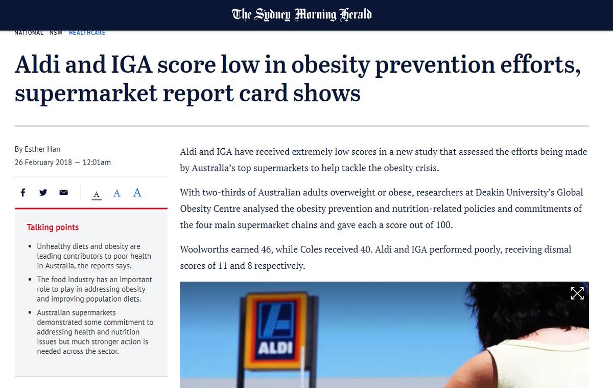 A/P Gary Sacks @gary_sacks with the Global Obesity Centre Deakin Uni has scored major Australian supermarkets according to how well they support healthy eating. Great to hear Gary advocating for change on radio national this morning and in the newspapers smh.com.au/national/nsw/a…