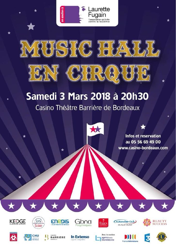 « Les plaquettes de l'espoir » Samedi 3 mars à 20h30 au Casino Barrière de Bordeaux, venez fêter les 14 ans de la création de notre antenne bordelaise 💜
Une belle soirée en perspective!
👉 Adulte : 25€ / Enfant : 5€
L'intégralité des bénéfices sera reversée à <a href="/AssoALF/">Association Laurette Fugain</a> 👍
