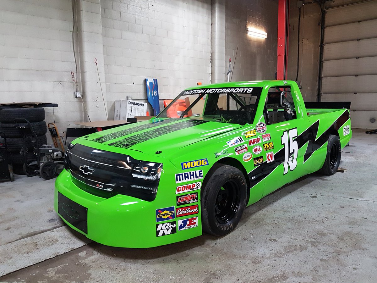 1515Mc's tweet photo. Here she is! The McIntosh Motorsports 2016 Chevy Silverado! The @1515Mc team will be at the Edmonton World of Wheels March 2-4. Come on down to see us at the @EIRNASCAR booth! @NASCAR @alscoinc @SpeedwayBodies #sheismeanandgeeen #greatcrew #custompaint #letsgoracingboys https://t.co/f43QtOMY2p
