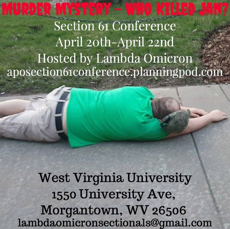 Our chapter, Lambda Omicron at WVU, is hosting Alpha Phi Omega’s Section 61 Sectionals! The theme is Murder Mystery! We need your help to find out who killed our Section Chair, Jan! (not really,pretending for theme)
<a href="/WVUAPO/">WVU Alpha Phi Omega</a> <a href="/APORV/">V_Apor</a> @fsu_apo @MarshallAPO <a href="/APOShepherdU/">Alpha Phi Omega AZM</a> <a href="/kelskels_26/">Kelsey Jolliffe</a>