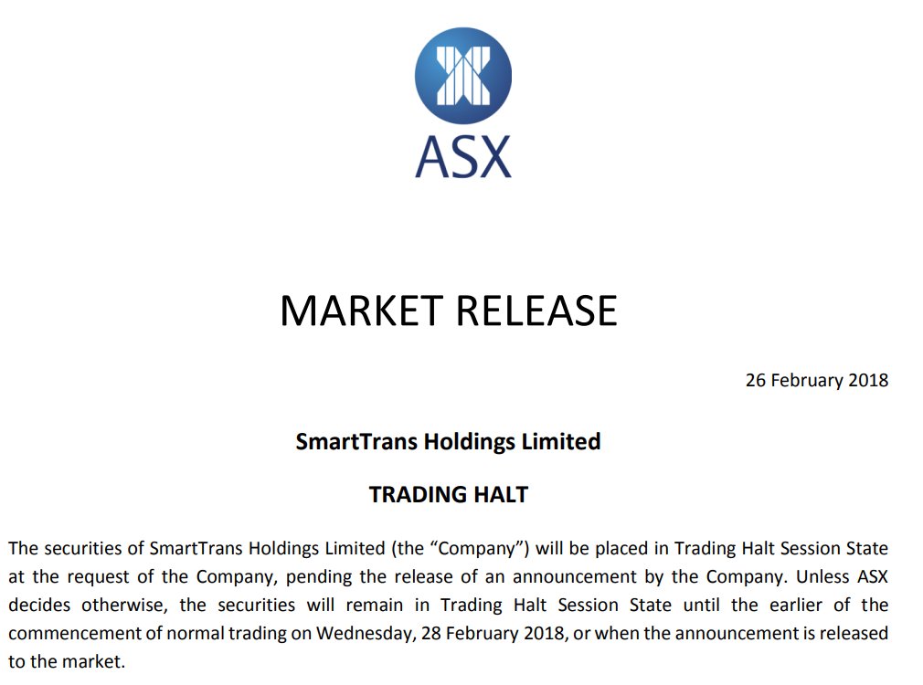 SmartTrans_SMA's tweet photo. (#ASX: $SMA) #SmartTrans Trading Halt
https://t.co/eOnR3sA5zU
#announcement #ASXnews #trading #stocks #market #investing #news https://t.co/e9lWIpHQEf