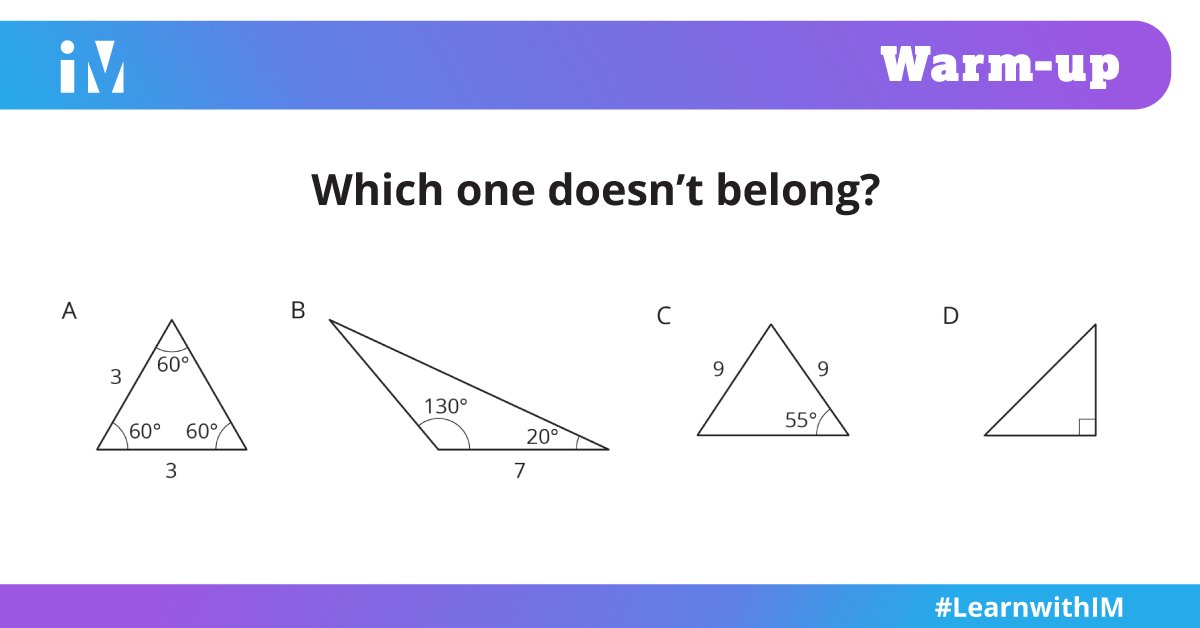 IllustrateMath's tweet photo. Which triangle do you think your students are most likely to say doesn't belong? https://t.co/dBd5velBgl