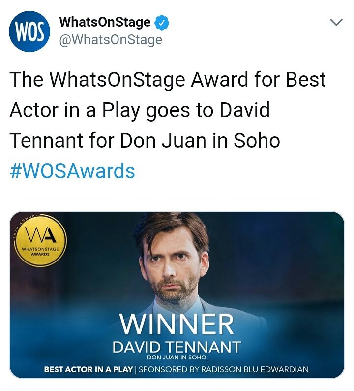 Yeaaah! 🎉 you deserve all the good things in the world, my pretty boy ❤#DavidTennant #BestActor #WOSAwards #DonJuanInSoho