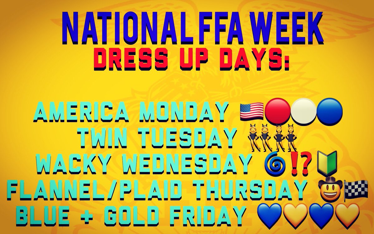 #NationalFFAWeek starts tomorrow! Check out the dress up days &amp; stop by at break for our fun activities 💙💛