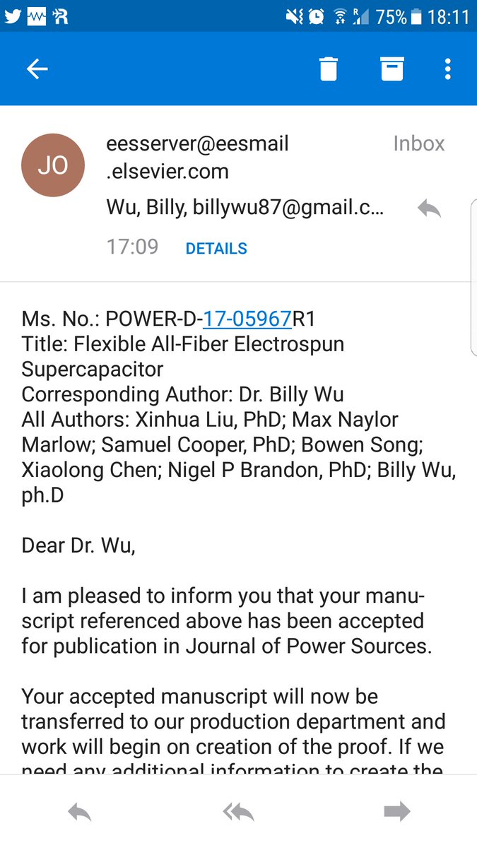 ICBillyWu's tweet photo. Our paper on an all #fiber #electrospun #supercapacitor has just been accepted into #journalofpowersources #watchthisspace @camsooper https://t.co/RNr27Qeytl