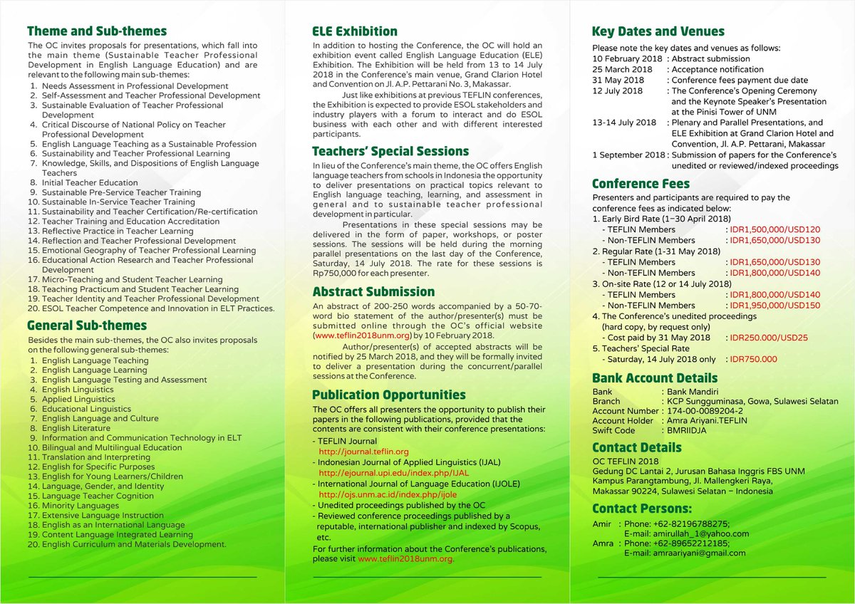 JALTConference's tweet photo. #TEFLIN is #JALT's partner organization based in Indonesia. @2018TEFLINConf is going to be held on July 12-14. Deadline 4 abstract submission has been extended to💥Feb 28th💥
Please take a look @ this brochure👇🏼&amp; check this link 4 details👉🏼
https://t.co/Vsmlhz3tkr #TEFLIN2018 https://t.co/RmshEz5Pkt