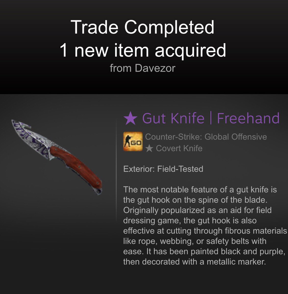 o3n3d's tweet photo. @DavidDavezor Thanks for the ★ Gut Knife | Freehand from the sub giveaway. Catch his stream at https://t.co/J2bbKzjmXc . #twitch #knife #giveaway #daveisback #reallylucky_af https://t.co/TdDhgKkxlW