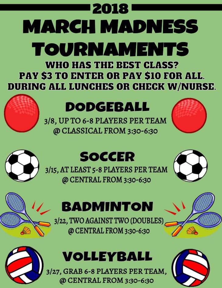 MARCH MADNESS tickets will be selling tomorrow throughout the whole month! ⚽️🏐 🏸  $3 for 1 game OR $10 for all!
