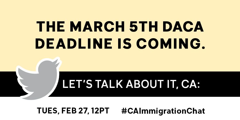 cairsvcc's tweet photo. We’re proud to share that this Tuesday (2/27), @CAIRSacramento will be hosting our first ever twitter town-hall to talk #DACA and #DreamAct with our California organizing community. Join in at 12:00PT with #CAimmigrationchat! https://t.co/rqxa9a55Zu