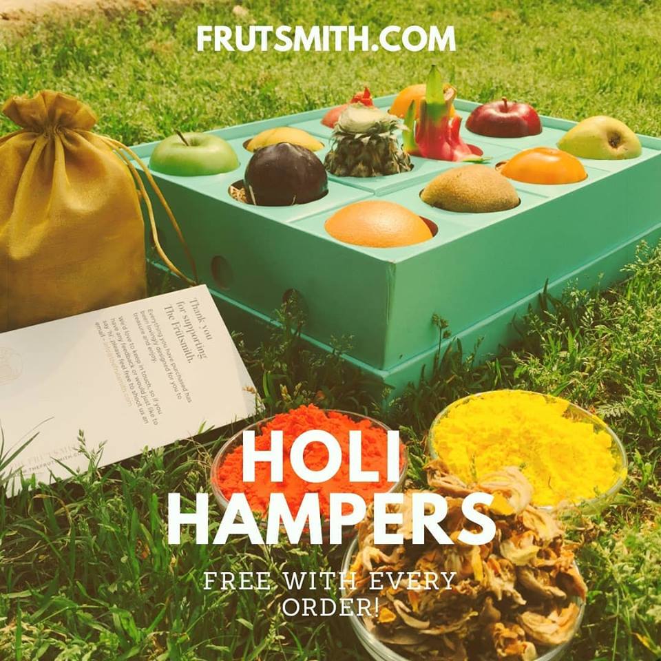 Holi is just a week away and we are excited about the #Holi Hampers we  are sending out with every #order. Order now to get yours now and share  the joy of #health and #happiness this Holi. #Shop now at frutsmith.com. #giftsofjoy #holigifts #healthygifts
