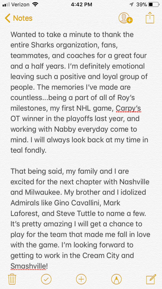 Pretty crazy day, thank you <a href="/SanJoseSharks/">San Jose Sharks</a> <a href="/sjbarracuda/">SJ Barracuda</a> #WorcesterSharks...let’s do this <a href="/PredsNHL/">Nashville Predators</a> <a href="/mkeadmirals/">Milwaukee Admirals</a>