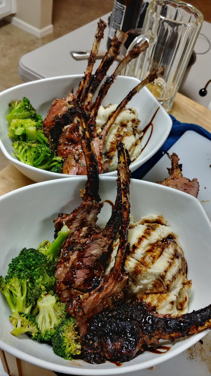 SeanTakacs's tweet image. Had a double post i deleted. Here is a rack of lamb, with a rosemary and mustard marinade, a side of mashed tater with feta, sauteed broccoli and a sweet balsalmic vinegar reduction drizzle. Reverse seared with lumberjack rosemary thyme and basil pellets on a YS640 #teamyoder