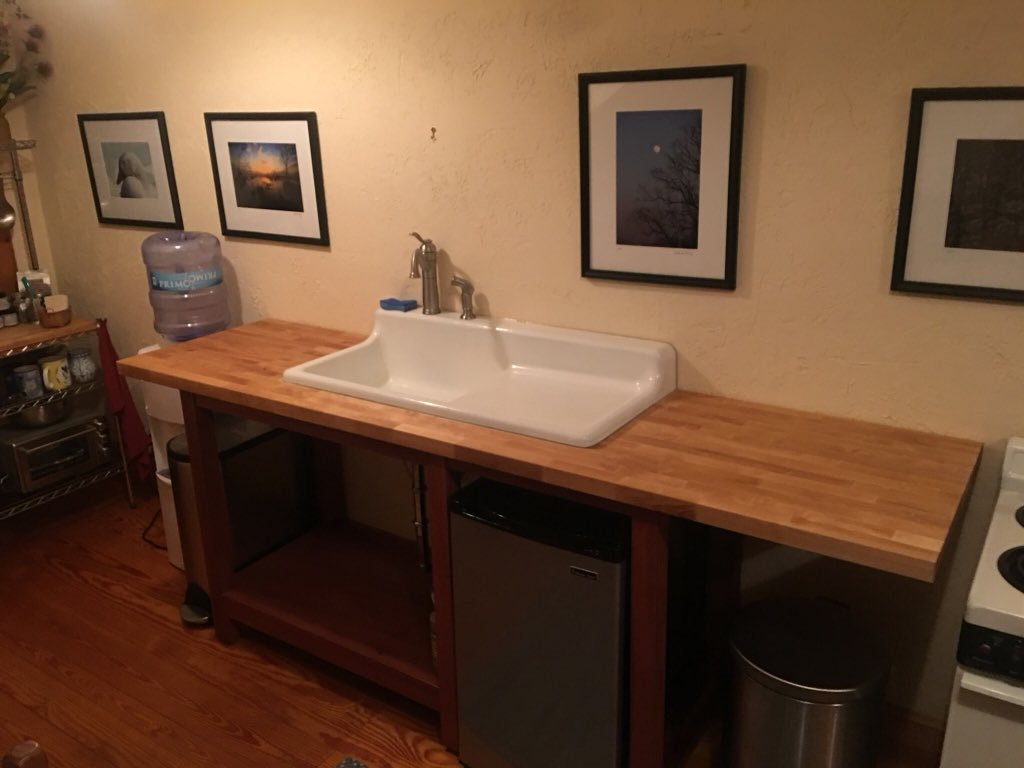 ABCraftsman's tweet photo. Designed and built this custom kitchen sink cabinet for a client that has a airBnB. The frame is made from Red Balau with a hard maple cutting board top and a reclaimed porcelain sink.  Our clients were awesome to work with and bought us lunch from a local seafood shop!!!! https://t.co/iAWemALVon