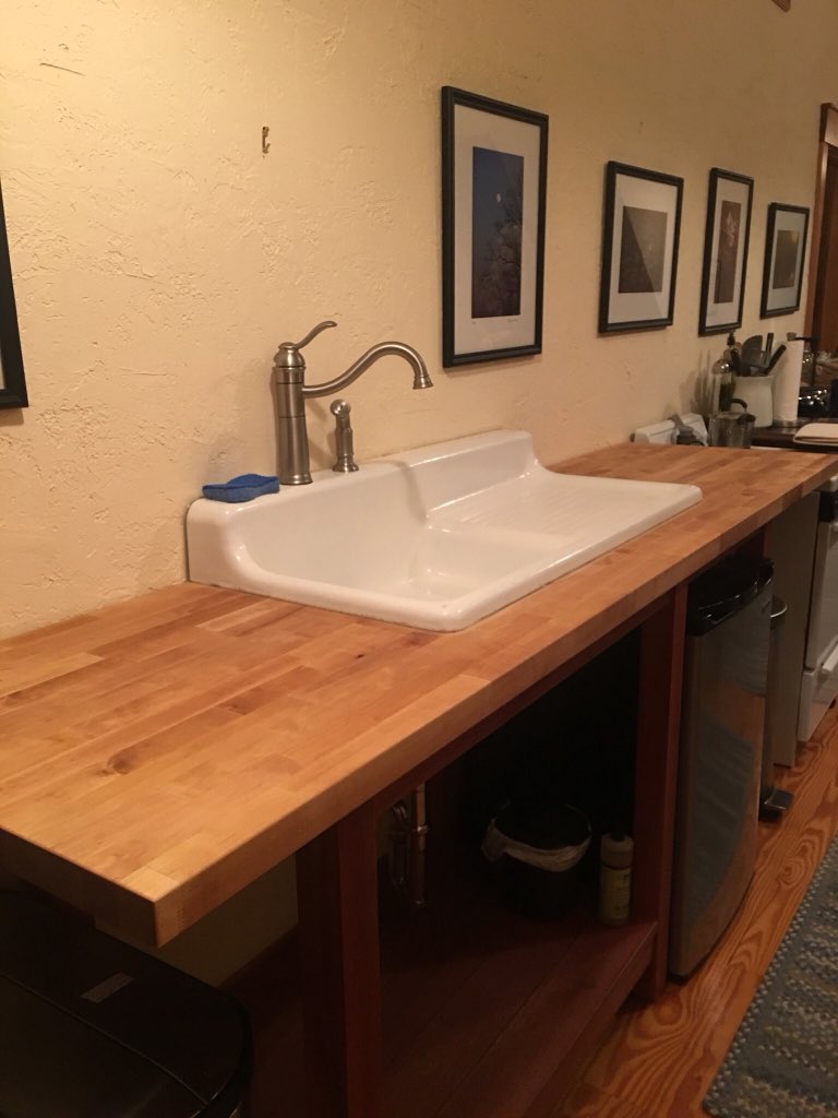 ABCraftsman's tweet photo. Designed and built this custom kitchen sink cabinet for a client that has a airBnB. The frame is made from Red Balau with a hard maple cutting board top and a reclaimed porcelain sink.  Our clients were awesome to work with and bought us lunch from a local seafood shop!!!! https://t.co/iAWemALVon