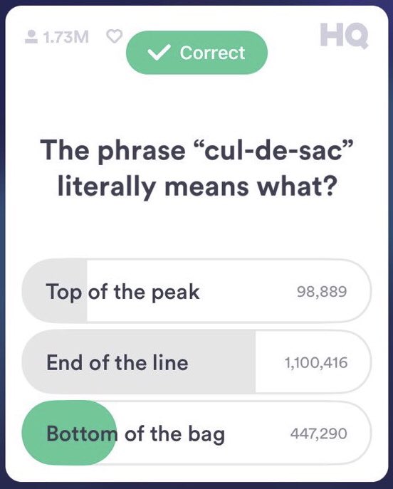Hq Trivia On Twitter The Fast Pace Of Hq Trivia Scores Its Most Savage Question To Date 1 Million Learned The Hard Way Yes Cul De Sac Does Literally Mean Bottom Of A