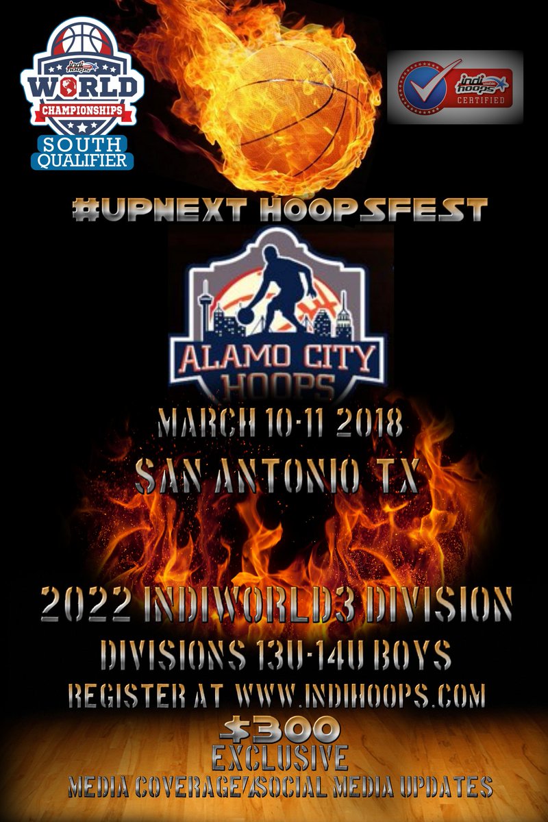 AlamoCityHoops1's tweet photo. Less than 2 weeks away from the #UpNextHoopsFest. Don't miss out on the @IndiHoops South Qualifier. Register quick. Committed teams must register as well, don't lose your spot! https://t.co/3g1NDRqfAy