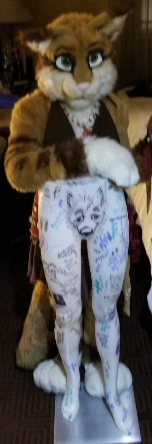 OhYouMLW's tweet photo. Lots of treasures on these legs - thanks to everyone who drew all over them! #Topato #Mannecon #ThatConHeldInWisconsinDuringTheMonthOfFebruaryWhereTheyHaveArtAndPanelsAndFursuitsAndOtherStuff2018 https://t.co/rUccG5AmTB