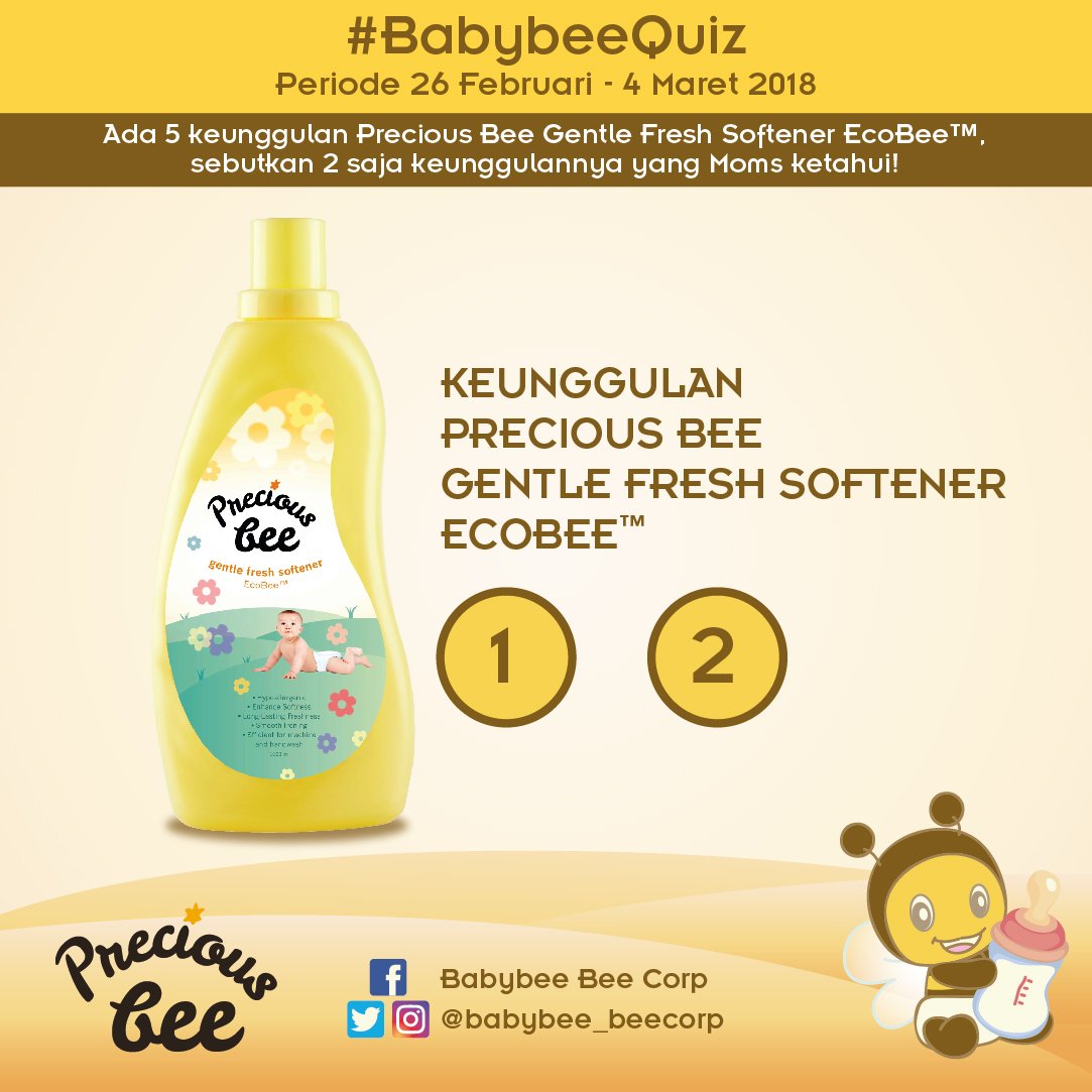 babybee_beecorp's tweet photo. Ada 5 keunggulan Precious Bee Gentle Fresh Softener EcoBee™, sebutkan 2 saja keunggulannya yang Moms ketahui! #BabyBeeQuiz cc : @infokuiz @serbakuiz
Jawab dengan format: Jawaban(spasi)Nama(spasi)usia(spasi)#Kota(spasi)#BabybeeQuiz cc: @kuisgratis (1/2) https://t.co/beormMNW20
