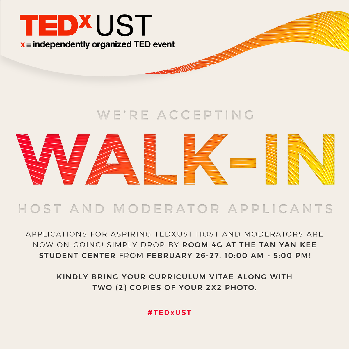_TEDxUST's tweet photo. Good news, Thomasians! We're accepting walk-in applicants for aspiring TEDxUST hosts and moderators!

Drop by Room 4G at the Tan Yan Kee Student Center from February 26-27, 10:00 AM - 5:00 PM. #TEDxUST https://t.co/LO3ebq1FrF