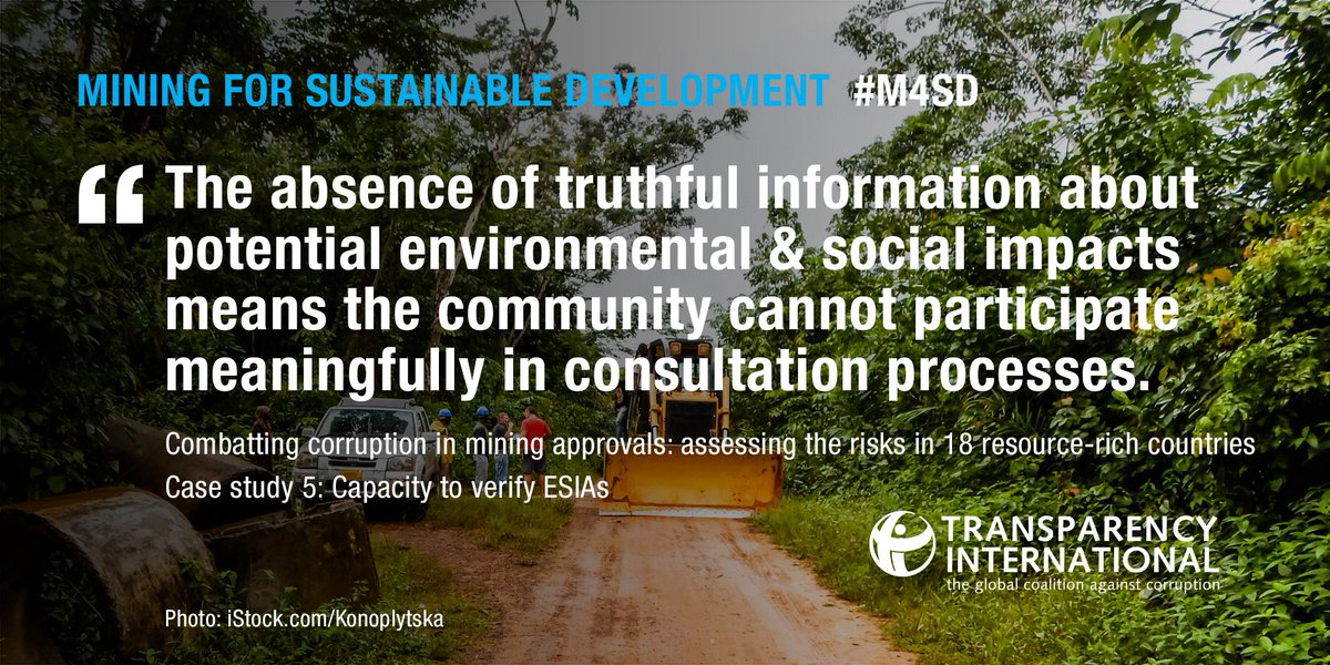 TI_Mining's tweet photo. There are #corruption risks in many areas of #mining approval processes. One question to ask: is there capacity to verify #environmental and #social impact assessments (#ESIA)? Check out our case studies: https://t.co/2jNryHUboP #M4SD #TransparentMining https://t.co/mgaJUa87wM