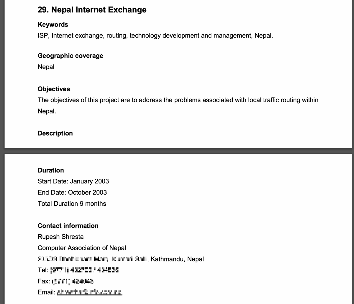 apnicdg's tweet photo. Here's the small grant proposal for #NPIX, which helped get it started, back in 2003. This was to the original Pan-Asia ICT R&D Grants Programme, precursor to @ISIF_Asia, funded by @IDRCinAsia, @APNIC and @UNDP.
Good move, @GaurabRU!
#APRICOT2018 https://t.co/LoeTh3wnA9