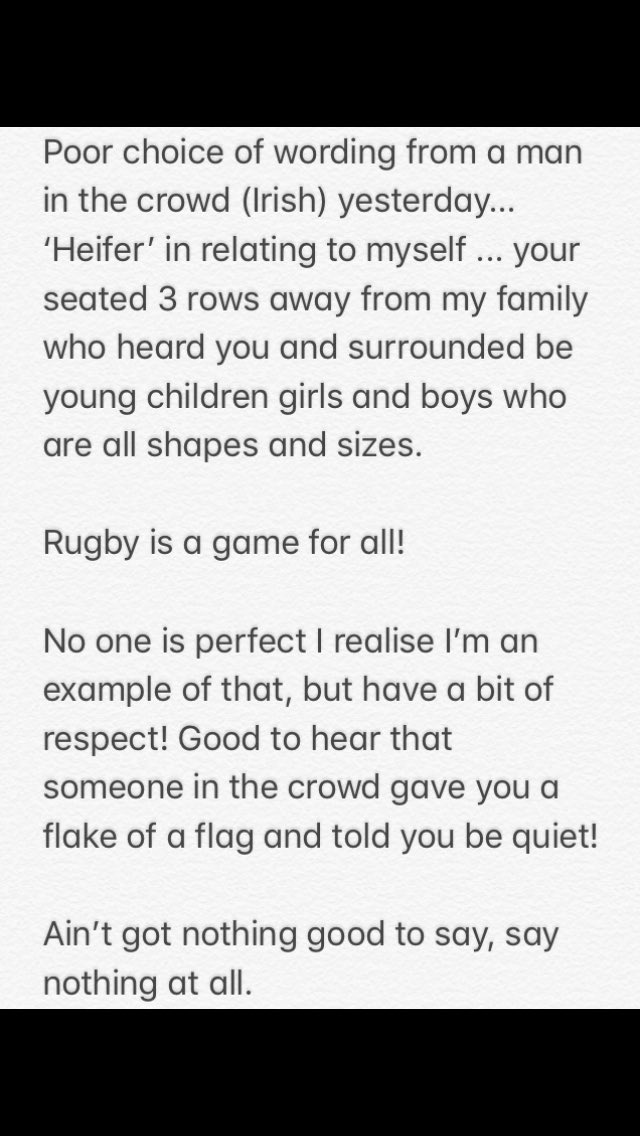 So after a great win yesterday, this was relayed to me..  ain’t got nothing good to say, say nothing at all #womensrugby #6nations #sillyman #notcool #IREvWAL #wrugby #thinkbeforeyouspeak