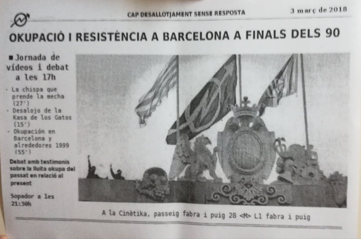 DISSABTE #3M a les 17:00h <a href="/LaCinetika/">La Cinètika</a> 
Jornada de vídeos i debat: 
OKUPACIÓ I RESISTÈNCIA A BARCELONA A FINALS DELS 90