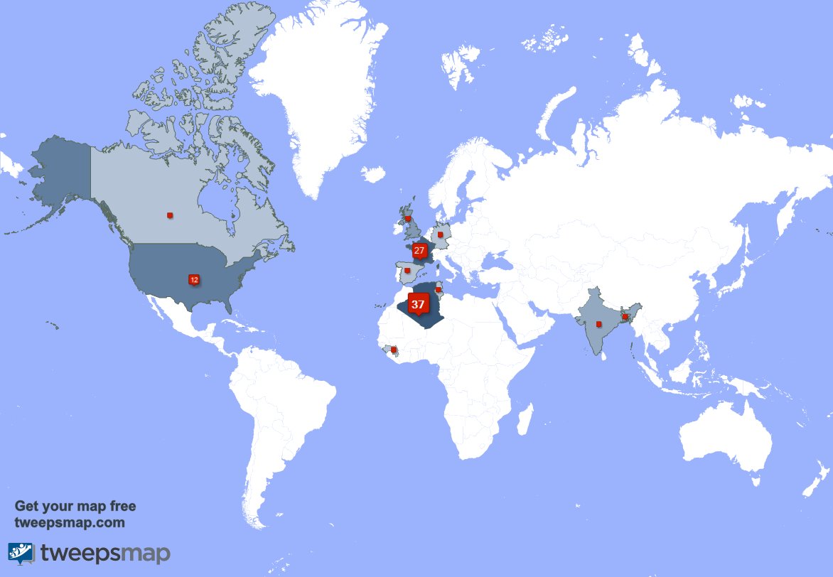 Selon tweepsmap.com/!benkritlynass… Mes followers vivent en: Algérie(39%),France(27%),États-Unis(13%)