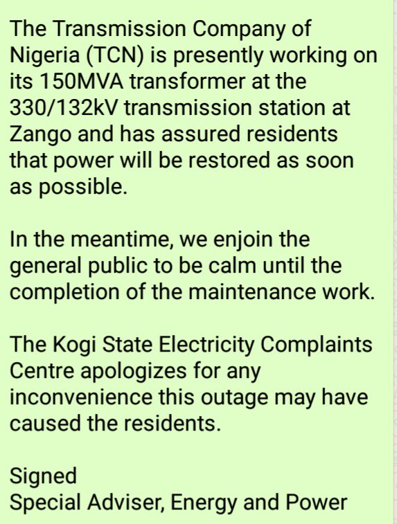 KGelectricityCC's tweet photo. The Kogi State Electricity Complaints Centre on the Power Outage in Lokoja and Environs. https://t.co/tcdUyjanyB