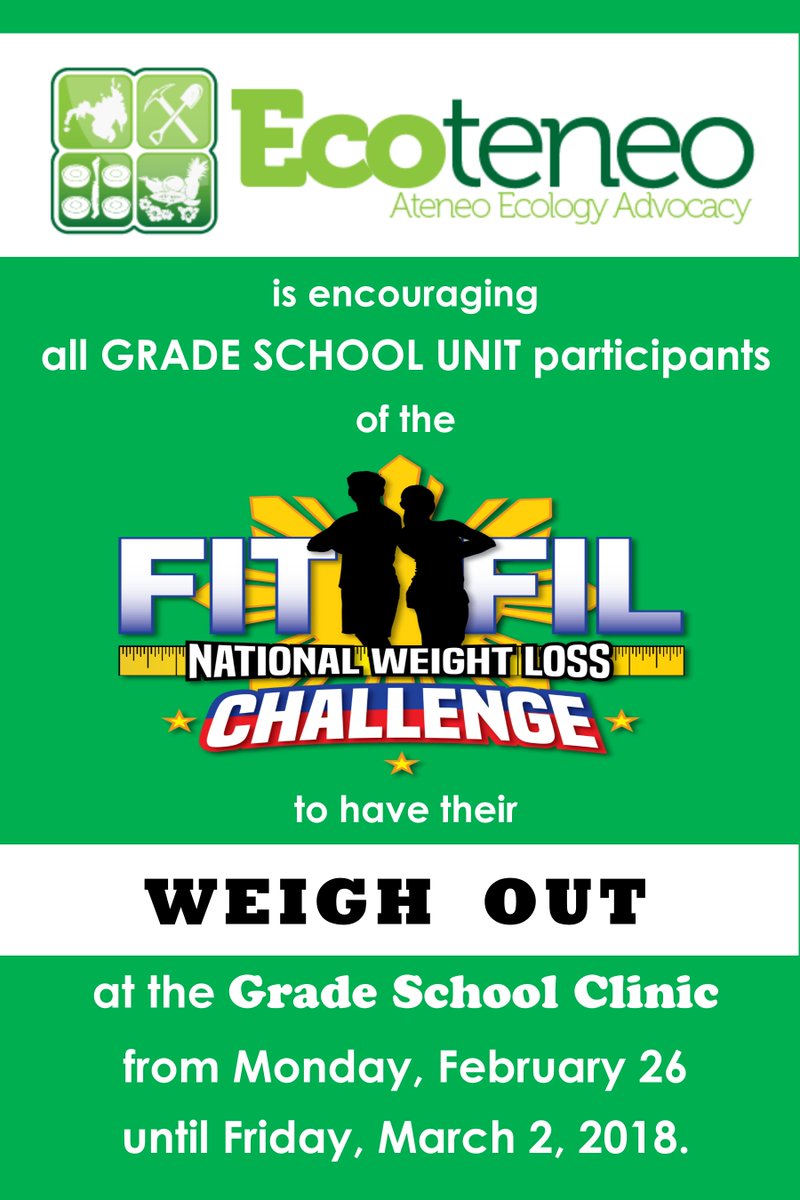 ADDU_GS's tweet photo. INVITE | @EcoteneoKnights @ecoteneo are encouraging all participants from @ADDU_GS to the #FitFil #NationalWeightLossChallenge to have your WEIGH OUT at the Grade School Clinic from Feb 26 to March 2. #AdDUGSFitFilChallenge #addugs #Ecoteneo https://t.co/d054crMejN