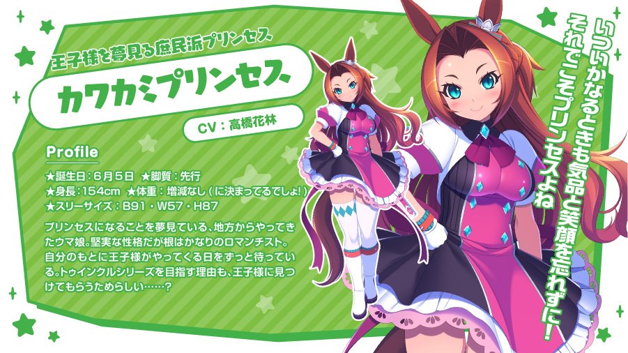 ウマ娘プロジェクト公式アカウント 第2弾 1枠から 王子様を夢見る庶民派プリンセス カワカミプリンセス Cv 高橋花林 キャンペーン対象ツイートはこちら T Co Svcmiqwsjh ウマ娘 T Co G5gjtfeykz Twitter