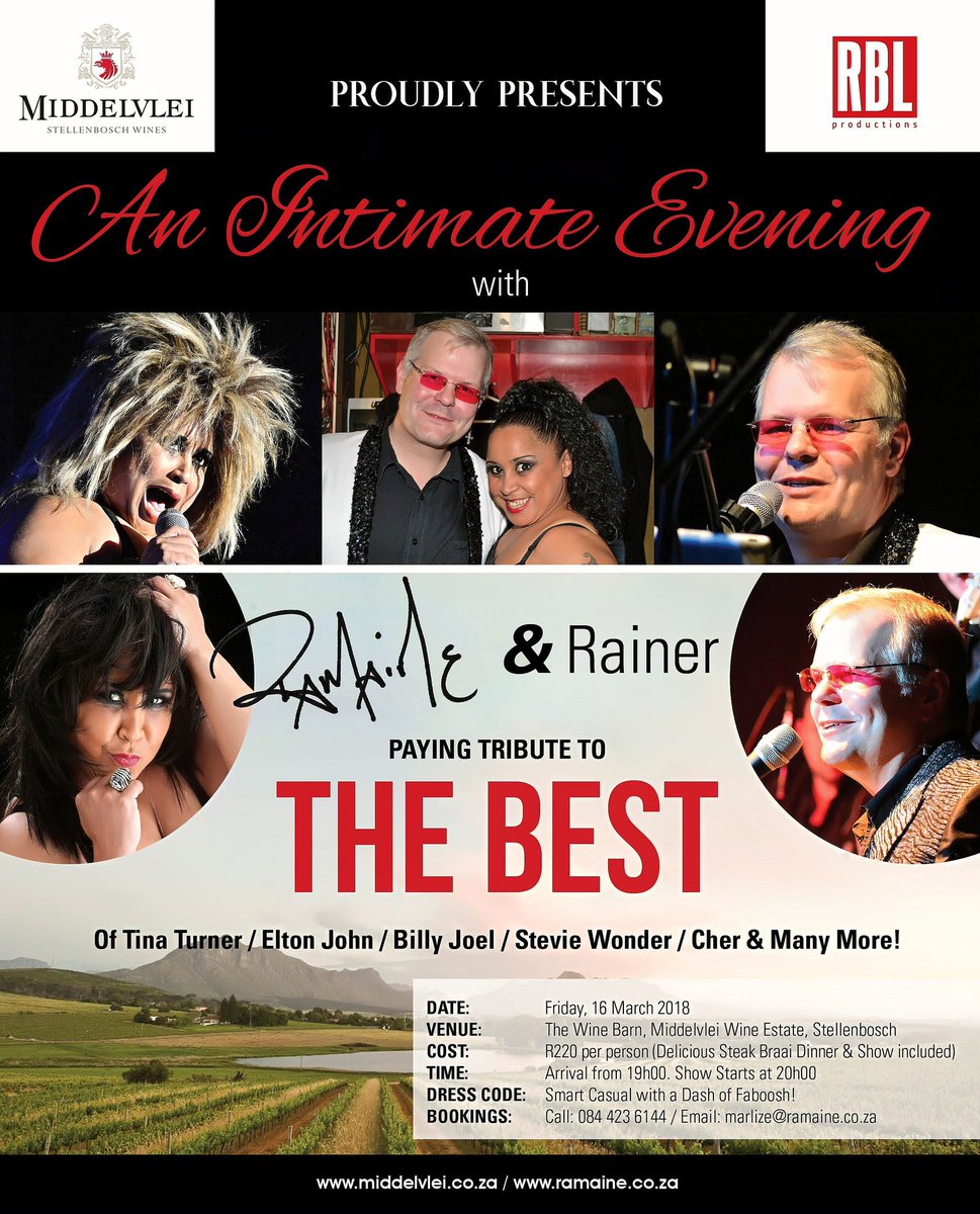 We're back in <a href="/MyStellenbosch/">MyStellenbosch</a> <a href="/middelvlei_wine/">Middelvlei Wine</a> on Fri 16/03! <a href="/Ramainebl/">RAMAINE</a> &amp; Rianer Jadischke joining vocal &amp; creative forces in a Tribute Show to #music greats! An Intimate Evening to remember! 🎤 #RBL #Stellenbosch ramaine.co.za