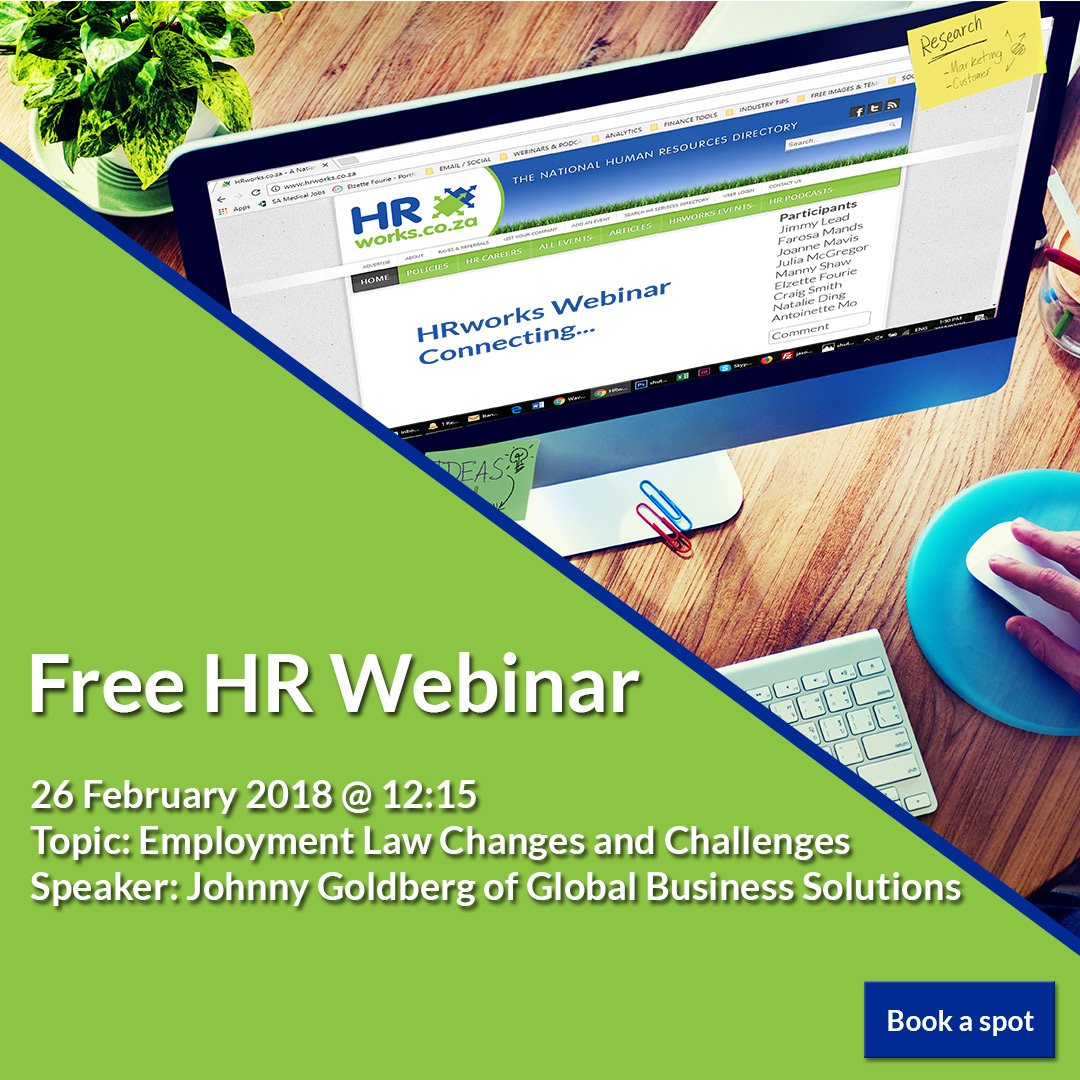 HRworks's tweet image. Last chance to register for the free HR Webinar - Employment Law Changes &amp;amp; Challenges with Johnny @JGoldbergsnr Johnny Goldberg  Starts at 12:15 today Register here: @SABPP1 @IPM4PEOPLE #HRhttps://events.genndi.com/register/169105139238464216/29ae7e0735
