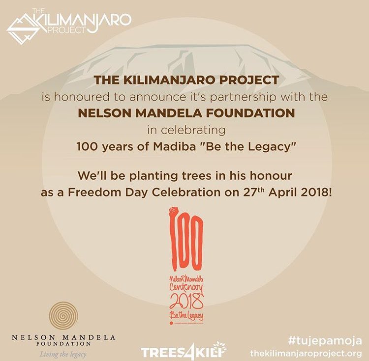 More Exciting News for @thekiliproject🌳

Announcing official partnership of the #NelsonMandelaFoundation in celebrating #100YearsOfMadiba 💯

We will be planting trees in his honour on April 27th on #FreedomDay👊🏾

#TujePamoja #LetsComeTogether #Trees4Kili #BeTheLegacy #Action