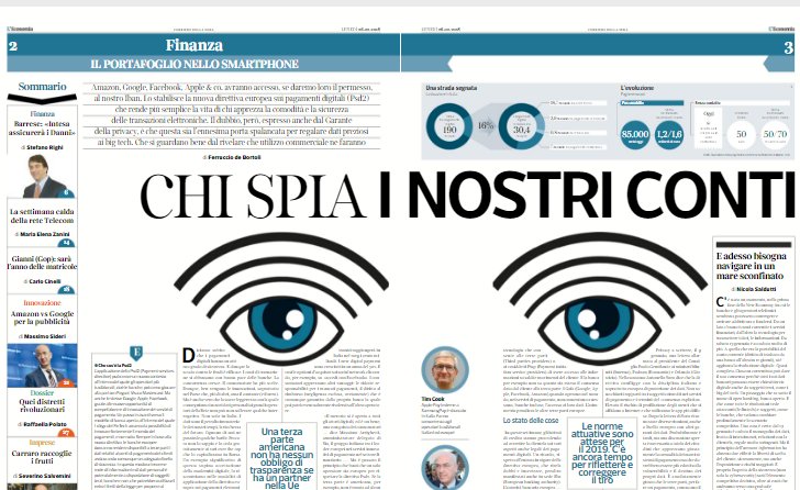 DeBortoliF's tweet photo. Amazon, Facebook, Google, Apple &amp;Co. avranno accesso, col nostro permesso, al nostro Iban. Lo stabilisce la direttiva sui pagamenti digitali Psd2. Il dubbio è che sia l'ennesima porta spalancata per regalare dati preziosi ai big tech, il mio pezzo per @L_Economia del @Corriere https://t.co/F1vWuBn7mZ