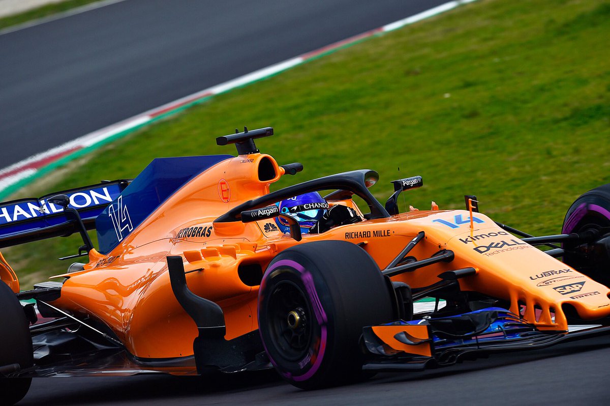 Fernando on track in the MCL33 at Barcelona.